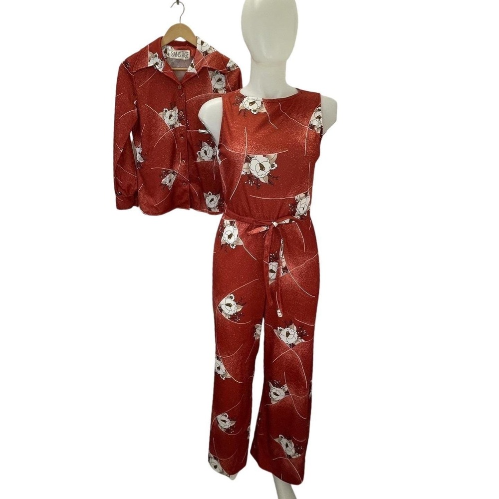 Vintage 70s Disco Two Piece Matching Set Flare Jumpsuit Wide Collar Jacket Small